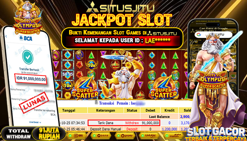 SITUSJITU  id : LAE******* JACKPOT SLOT GATES OF OLYMPUS SUPER SCATTER PRAGMATIC PLAY   Rp. 91.000.000 ,- LUNAS