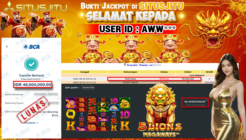 SITUSJITU id :  AWW*** JACKPOT SLOT DI 5 LIONS MEGAWAYS PRAGMATIC PLAY Rp.49.000.000 ,- LUNAS