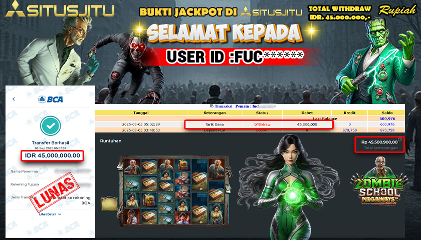 SITUSJITU id :  FUC*** JACKPOT SLOT DI ZOMBIE SCHOOL MEGAWAYS Rp.45.000.000 ,- LUNAS