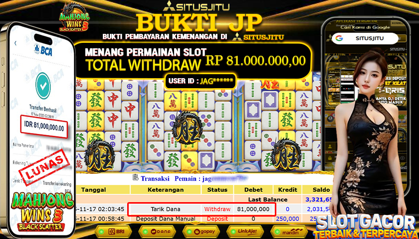 SITUSJITU  id : JAG****** JACKPOT SLOT MAHJONG WINS 3 - BLACK SCATTER PRAGMATIC PLAY   Rp.81.000.000,- LUNAS