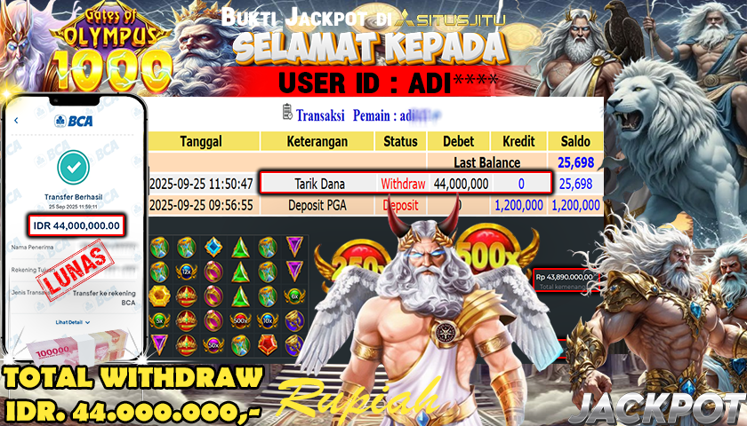 SITUSJITU  id : ADI**** JACKPOT SLOT GATE OLYMPUS 1000 PRAGMATIC  PLAY Rp. 44.000.000 ,- LUNAS
