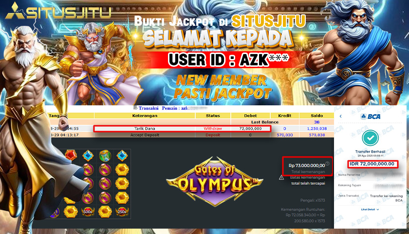 SITUSJITU id : AZK*** JACKPOT MENANG BESAR DI GATES OF OLYMPUS 1000 PRAGMATIC PLAY Rp.72.000.000 ,- LUNAS