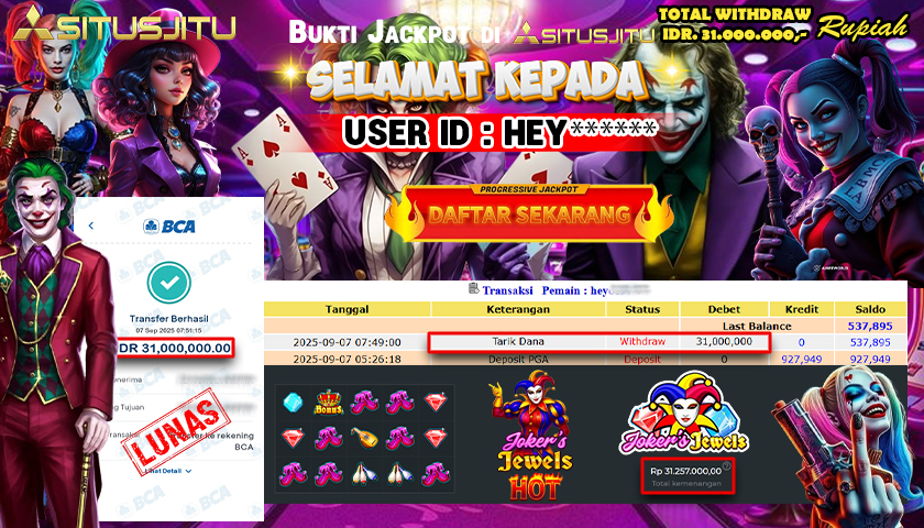 SITUSJITU id : HEY*** JACKPOT MENANG BESAR DI SLOT JOKER'S JAWELS Rp.31.000.000 ,- LUNAS