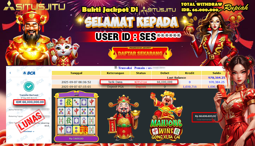 SITUSJITU id : SES*** JACKPOT MENANG BESAR DI MAHJONG WINS GONG XI FA CAI Rp.66.000.000 ,- LUNAS