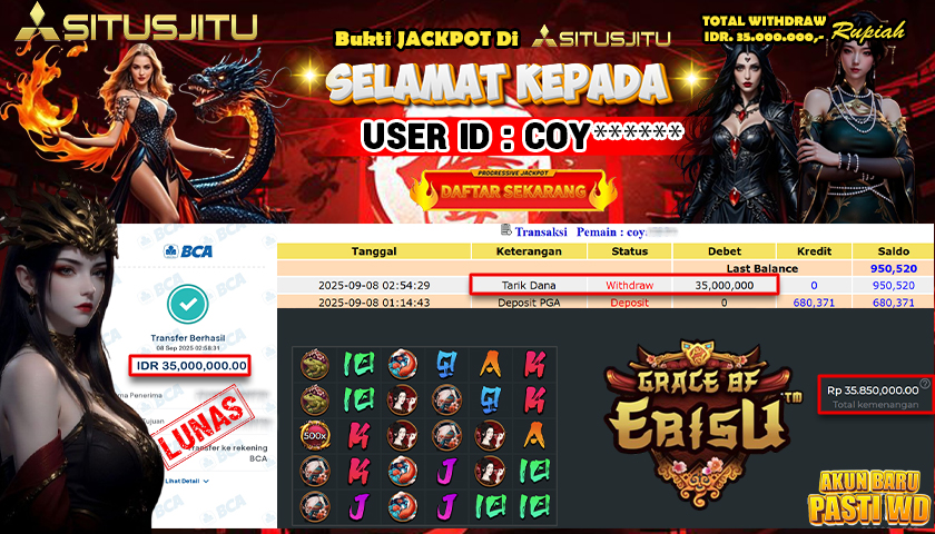 SITUSJITU id : COY*** JACKPOT MENANG BESAR DI SLOT GRACE OF EBISU Rp.35.000.000 ,- LUNAS