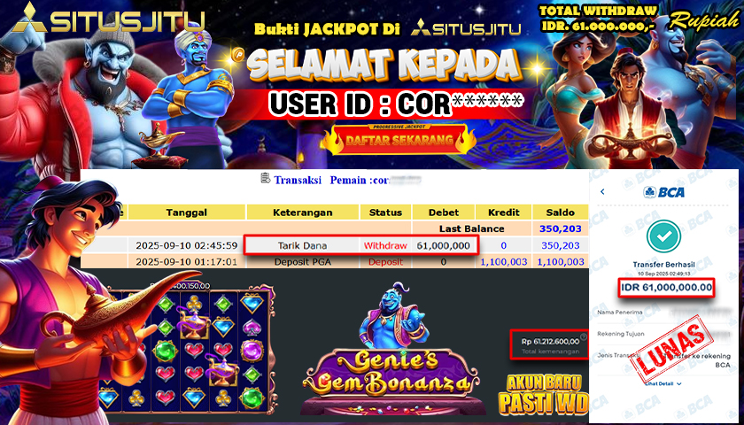SITUSJITU  id : WAR***** MENANG BESAR DI SLOT GENIE'S GEM BONANZA PRAGMATIC PLAY DENGAN TOTAL WITHDRAW Rp.56.000.000 ,- LUNAS