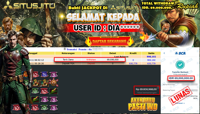 SITUSJITU  id : DIA*** MENANG BESAR DI SLOT FIRE ARCHER DENGAN TOTAL WITHDRAW Rp.69.000.000 ,- LUNAS