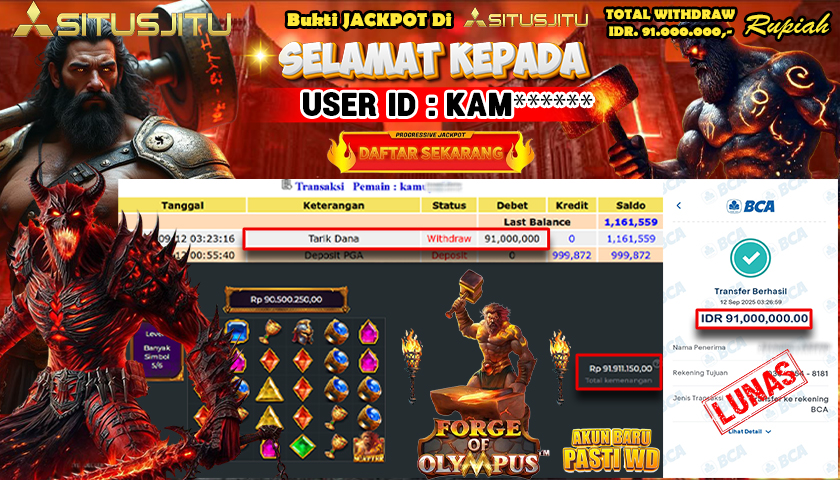 SITUSJITU  id : KAM****** MENANG BESAR DI SLOT FORGE OF OLYMPUS DENGAN TOTAL WITHDRAW Rp.91.000.000 ,- LUNAS