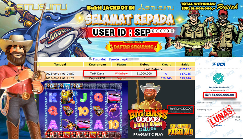 SITUSJITU  id : SEP****** MENANG BESAR DI SLOT BIG BASS VEGAS DOUBLE DOWN DELUXE PRGAMTIC PLAY DENGAN TOTAL WITHDRAW Rp.51.000.000 ,- LUNAS