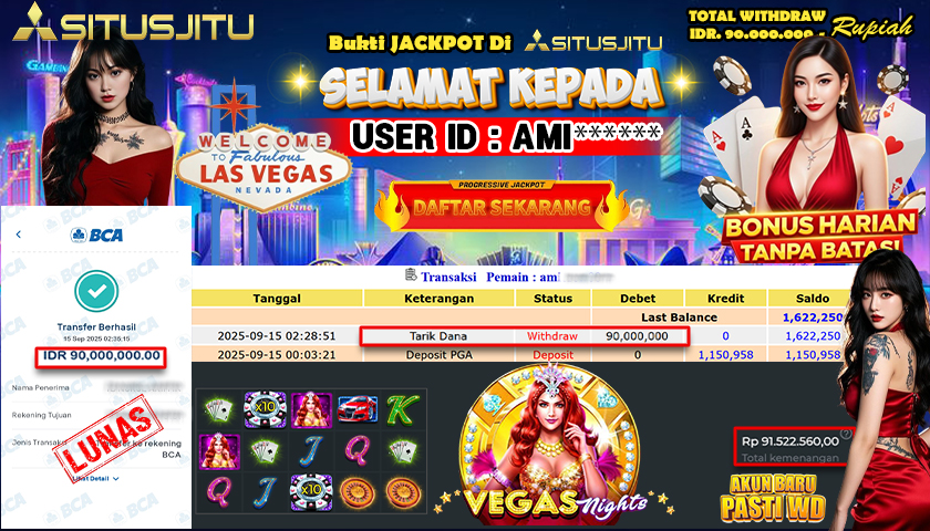 SITUSJITU  id : AMI***** JACKPOT SLOT VEGAS NIGTHS PRAGMATIC PLAY Rp. 90.000.000 ,- LUNAS