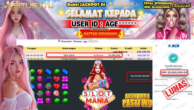 SITUSJITU  id : AGE***** JACKPOT SLOT SWEET SLOT MANIA PRAGMATIC PLAY Rp. 35.000.000 ,- LUNAS