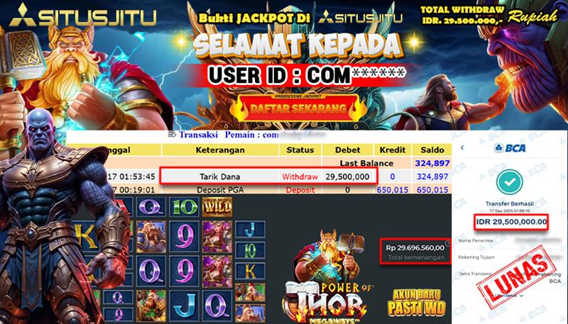 SITUSJITU  id : COM***** JACKPOT SLOT POWER OF THOR MEGAWAYS PRAGMATIC  PLAY Rp. 29.500.000 ,- LUNAS