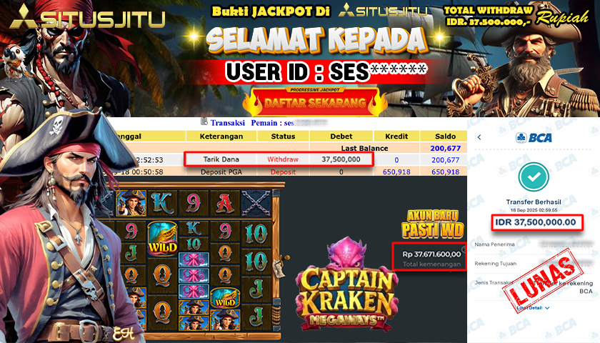 SITUSJITU  id : SES***** JACKPOT SLOT CAPTAIN KRAKEN MEGAWAYS PRAGMATIC  PLAY Rp. 37.500.000 ,- LUNAS