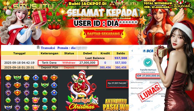 SITUSJITU  id : DIA***** JACKPOT SLOT STARLIGTH CHRISTMAS PRAGMATIC  PLAY Rp. 27.000.000 ,- LUNAS