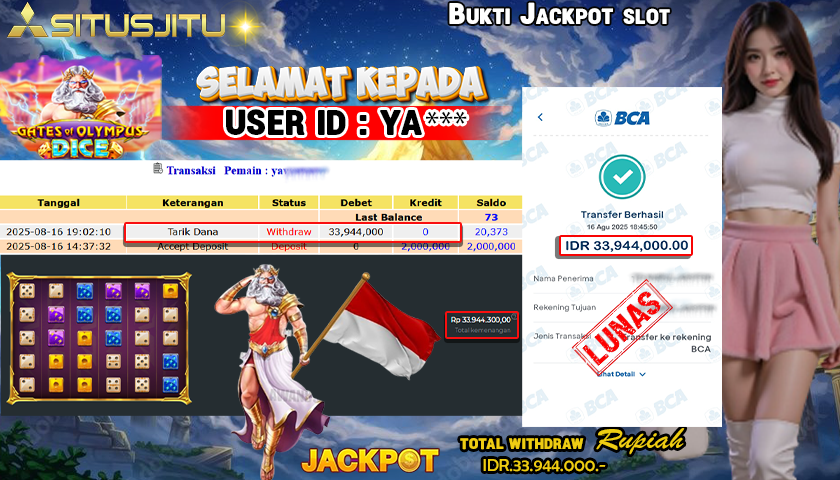 SITUSJITU id : YA*** JACKPOT MENANG BESAR DI GATES OF OLYMPUS DICE PRAGMATIC PLAY Rp.33.944.000 ,- LUNAS