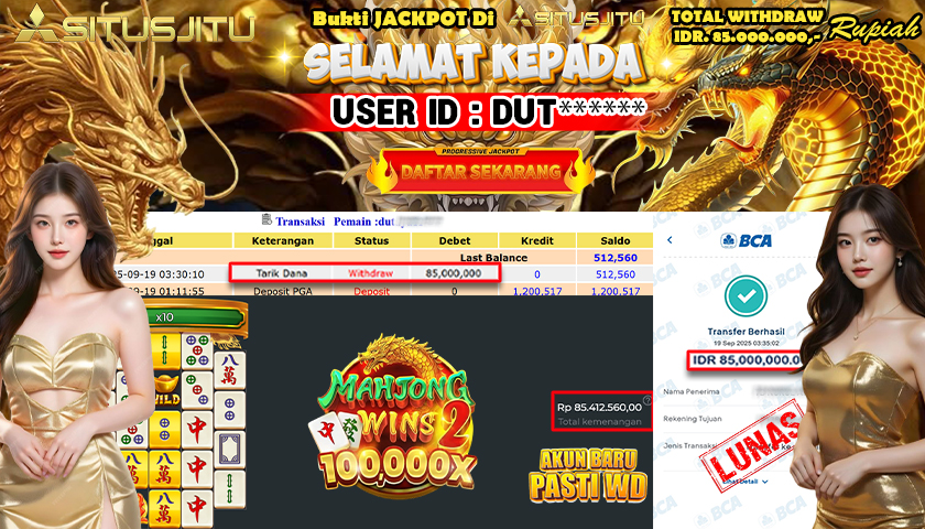 SITUSJITU  id : DUT***** JACKPOT SLOT MAHJONG WINS 2 PRAGMATIC  PLAY Rp. 85.000.000 ,- LUNAS