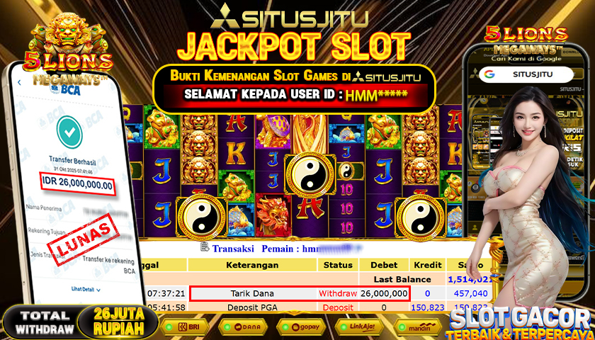 SITUSJITU  id : HMM***** JACKPOT SLOT 5 LIONS MEGAWAYS PRAGMATIC PLAY   Rp. 26.000.000 ,- LUNAS
