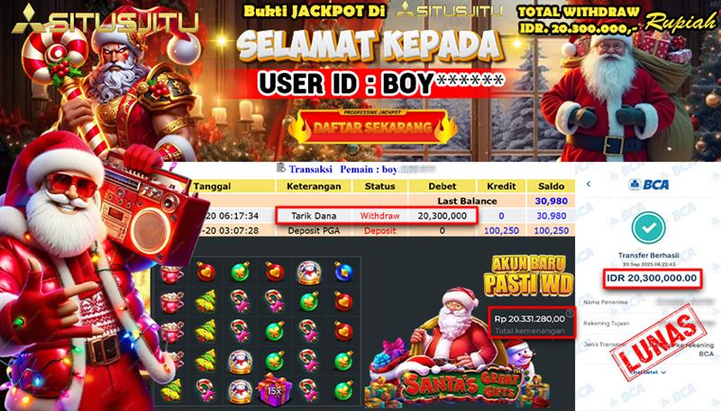 SITUSJITU  id : BOY***** JACKPOT SLOT SANTAS GREAT GIFTS PRAGMATIC  PLAY Rp. 20.300.000 ,- LUNAS