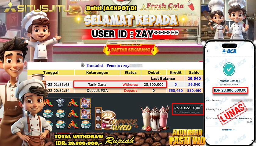 SITUSJITU  id : ZAY***** JACKPOT SLOT COFFE WILD PRAGMATIC  PLAY Rp. 28.800.000 ,- LUNAS