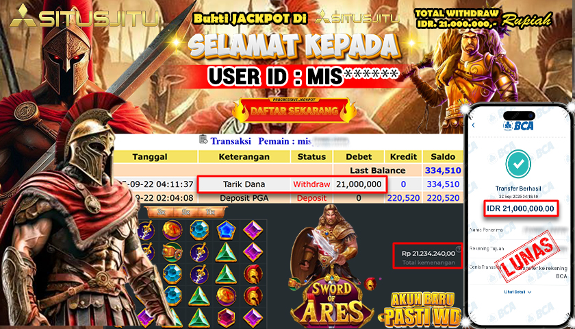 SITUSJITU  id : MIS***** JACKPOT SLOT SWORD OF ARES PRAGMATIC  PLAY Rp. 21.000.000 ,- LUNAS