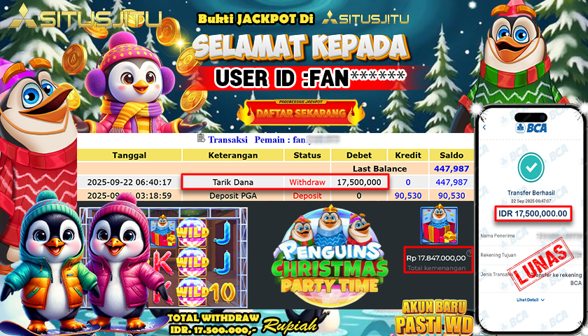SITUSJITU  id : FAN***** JACKPOT SLOT PENGUINS CHRISTMAS PARTY PRAGMATIC  PLAY Rp. 17.500.000 ,- LUNAS
