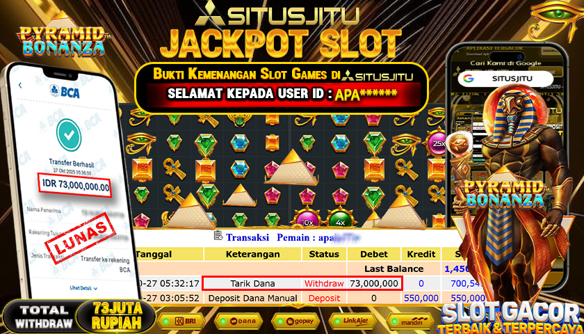 SITUSJITU  id : APA******* JACKPOT SLOT PYRAMID BONANZA PRAGMATIC PLAY   Rp. 73.000.000 ,- LUNAS