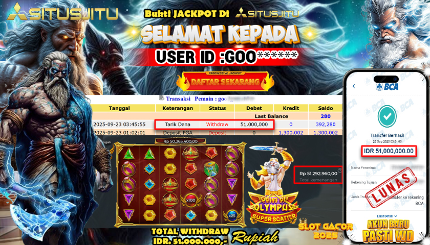 SITUSJITU  id : GOO***** JACKPOT SLOT GATES OF OLYMPUS SUPER SCATTER  PRAGMATIC  PLAY Rp. 51.000.000 ,- LUNAS