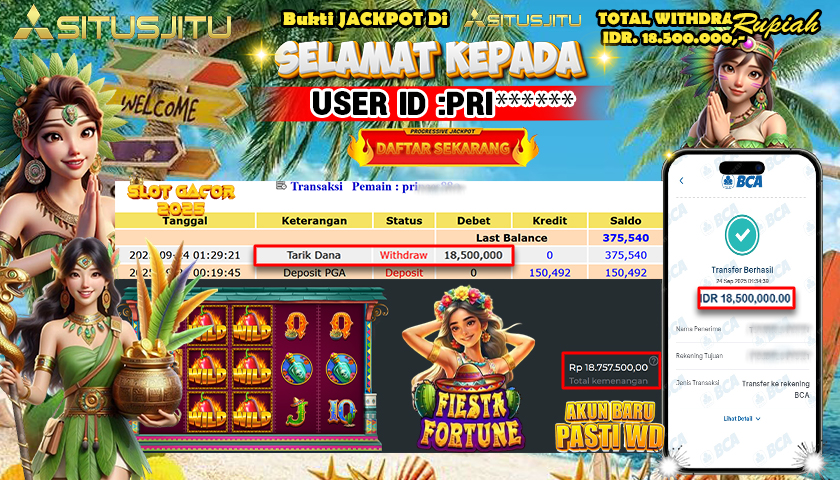 SITUSJITU  id : PRI******* JACKPOT SLOT FIESTA FORTUNE PRAGMATIC  PLAY Rp. 18.500.000 ,- LUNAS