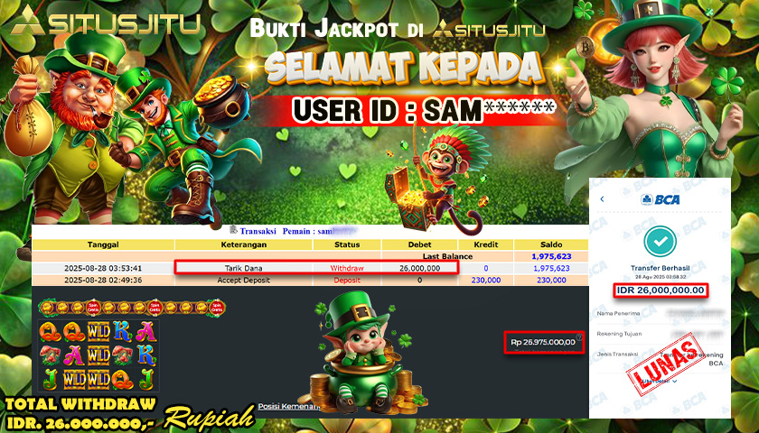 SITUSJITU id : SAM*** JACKPOT MENANG BESAR DI CLOVER GOLD PGSoft Rp.26.000.000 ,- LUNAS