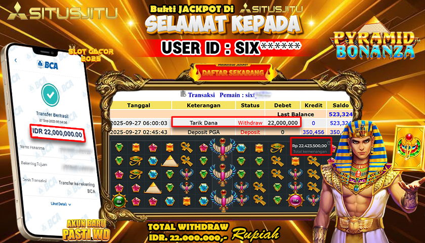 SITUSJITU  id : SIX**** JACKPOT SLOT PYRAMID BONANZA PRAGMATIC  PLAY Rp. 22.000.000 ,- LUNAS