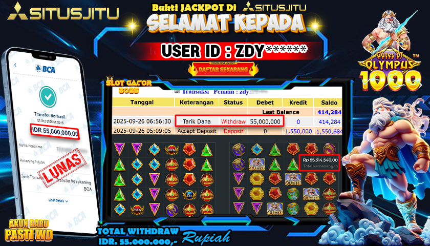 SITUSJITU  id : ZDY**** JACKPOT SLOT GATE OF OLYMPUS 1000 PRAGMATIC  PLAY Rp. 55.000.000 ,- LUNAS