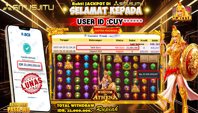 SITUSJITU  id : CUY**** JACKPOT SLOT WISDOM OF ATHENA 1000 PRAGMATIC  PLAY Rp. 22.000.000 ,- LUNAS
