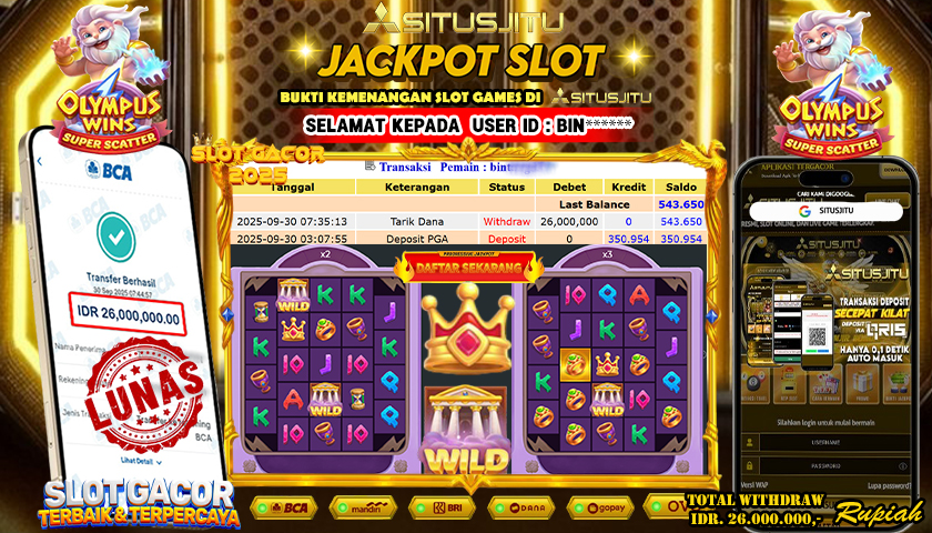 SITUSJITU  id : BIN**** JACKPOT SLOT OLYMPUS WINS PRAGMATIC  PLAY Rp. 26.000.000 ,- LUNAS