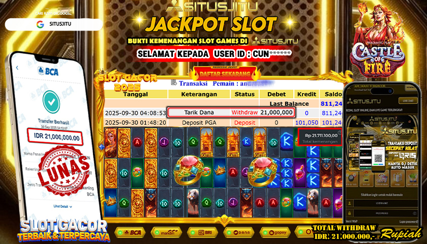 SITUSJITU  id : CUN**** JACKPOT SLOT CASTLE OF FIRE PRAGMATIC  PLAY Rp. 21.000.000 ,- LUNAS