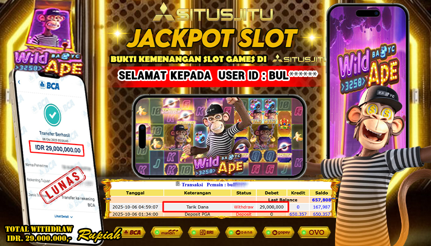SITUSJITU  id : BUL**** JACKPOT SLOT DI WILD APE PG SOFT Rp. 29.000.000 ,- LUNAS