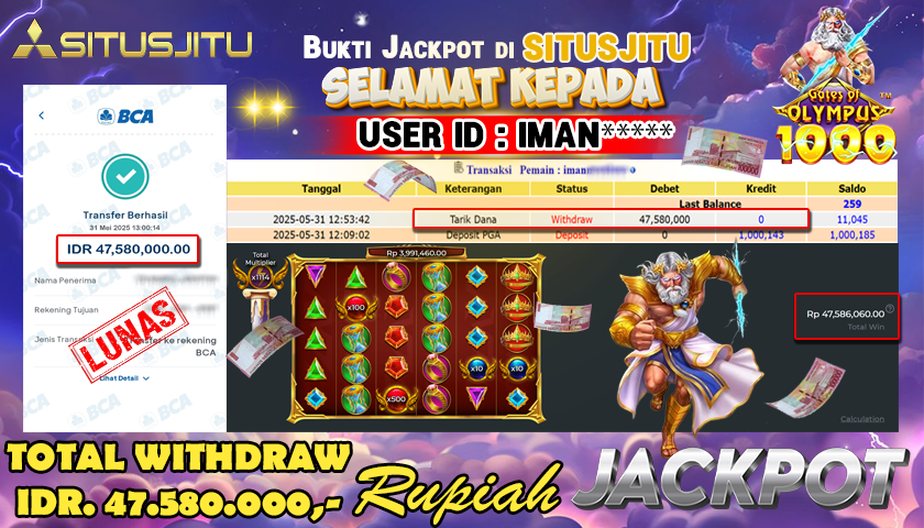 SITUSJITU id : IMAN***** JACKPOT SLOT GATES OF OLYMPUS 1000 Rp.47.580.000 ,- LUNAS