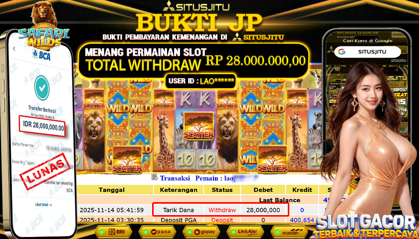 SITUSJITU  id : LAO****** JACKPOT SLOT SAFARI WILDS PG SOFT   Rp.28.000.000,- LUNAS