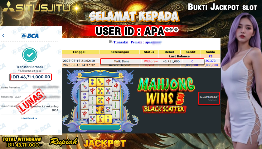SITUSJITU id : YA*** JACKPOT MENANG BESAR DI MAHJONG WINS 3 - BLACK SCATTER PRAGMATIC PLAY Rp.43.711.000 ,- LUNAS
