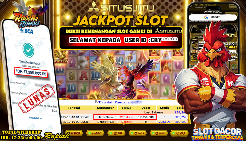 SITUSJITU id : CRY***** JACKPOT ROOSTER RUMBLE PG SOFT TOTAL WITHDRAW Rp.17.250.000  ,- LUNAS