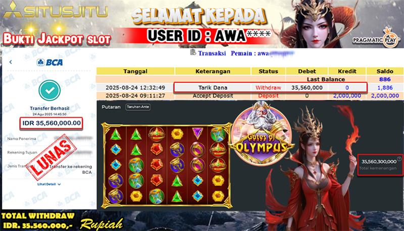 SITUSJITU id : AWA**** JACKPOT MENANG BESAR DI GATES OF OLYMPUS 1000 PRAGMATIC PLAY Rp.35.560.000 ,- LUNAS