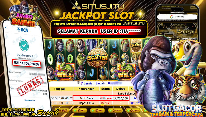 SITUSJITU  id : TIA***** JACKPOT SLOT JUMBO SAFARI PRAGMATIG PLAY Rp. 14.700.000 ,- LUNAS