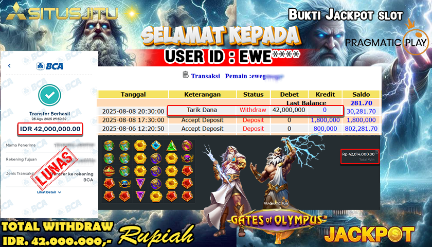 SITUSJITU id :  EW**** JACKPOT SLOT GATES OF OLYMPUS Rp.42.000.000 ,- LUNAS