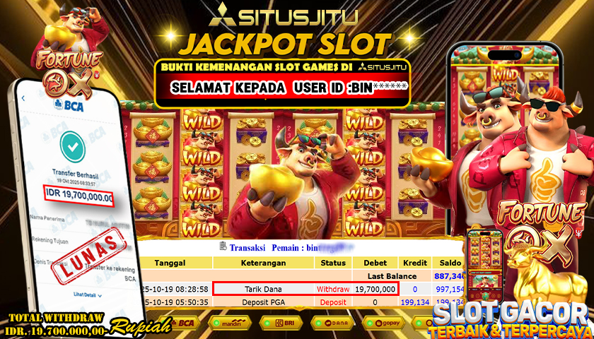 SITUSJITU  id : BIN****** JACKPOT SLOT FORTUNE OX PG SOFT Rp. 19.700.000 ,- LUNAS
