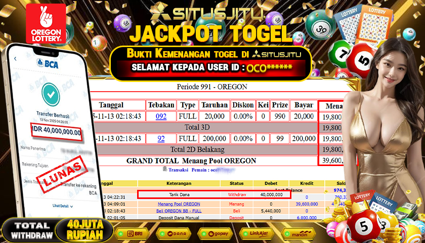 SITUSJITU  id : OCO******  JACKPOT TOGEL DI PASARAN OREGON Rp.40.000.000,- LUNAS