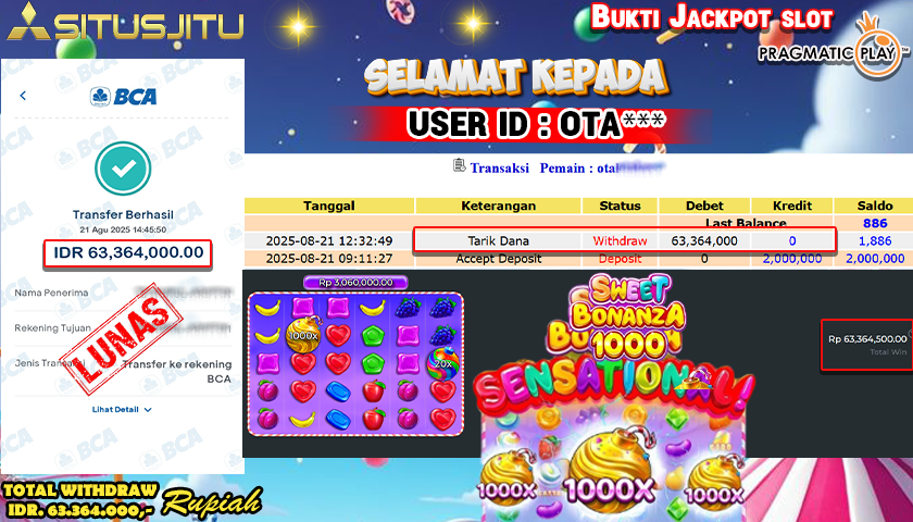 SITUSJITU id :  OTA****** JACKPOT SLOT DI SWEET BONANZA 1000 Rp.63.364.000 ,- LUNAS
