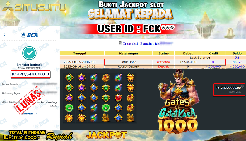 SITUSJITU id : FCK*** JACKPOT MENANG BESAR DI GATES OF GATOT KACA 1000 PRAGMATIC PLAY Rp.47.544.000 ,- LUNAS