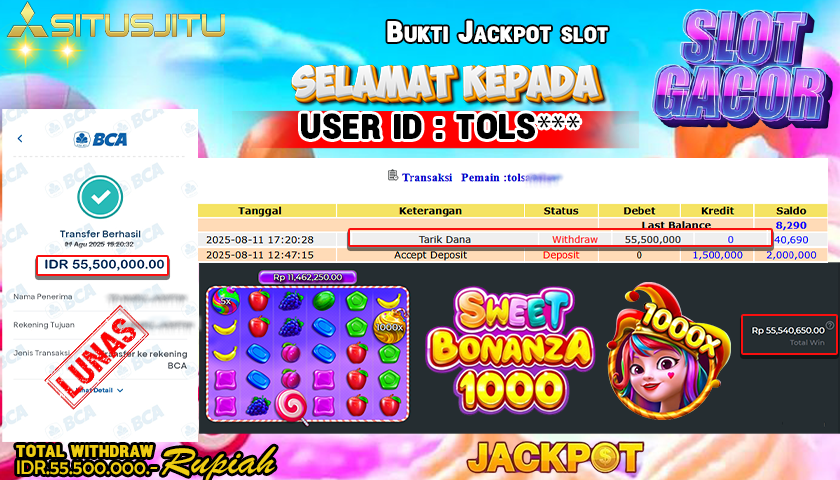 SITUSJITU id :  TOLS*** JACKPOT SLOT DI SWEET BONANZA 1000 Rp.55.500.000 ,- LUNAS