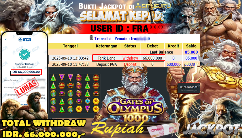 SITUSJITU id : FRA**** JACKPOT MENANG BESAR DI GATES OF OLYMPUS 1000 PRAGMATIC PLAY Rp.66.000.000 ,- LUNAS
