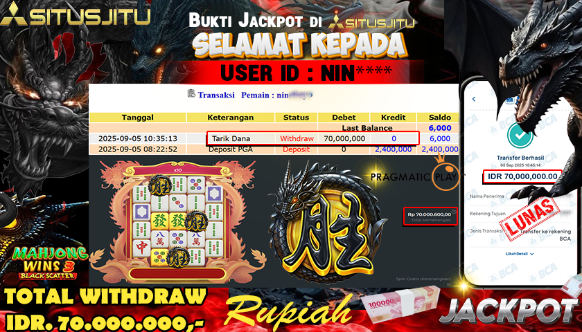 SITUSJITU  id : NIN*** MENANG BESAR DI SLOT MAHJONG WINS 3 - BLACK SCATTER PRAGMATIC PLAY DENGAN TOTAL WITHDRAW Rp.70.000.000 ,- LUNAS