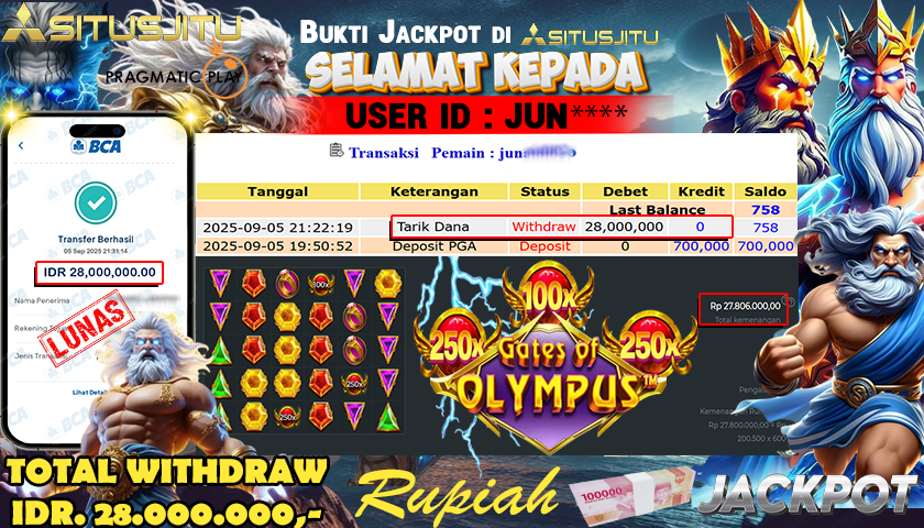 SITUSJITU id : JUN**** JACKPOT MENANG BESAR DI GATES OF OLYMPUS Rp.28.000.000 ,- LUNAS
